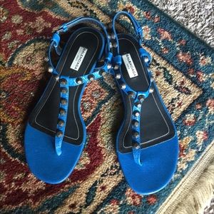 BALENCIAGA Blue Studded T-strap Sandals